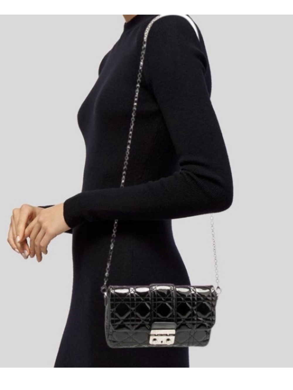 Dior Black Patent Quilted Crossbody with Silver Chain - Picture 9 of 9